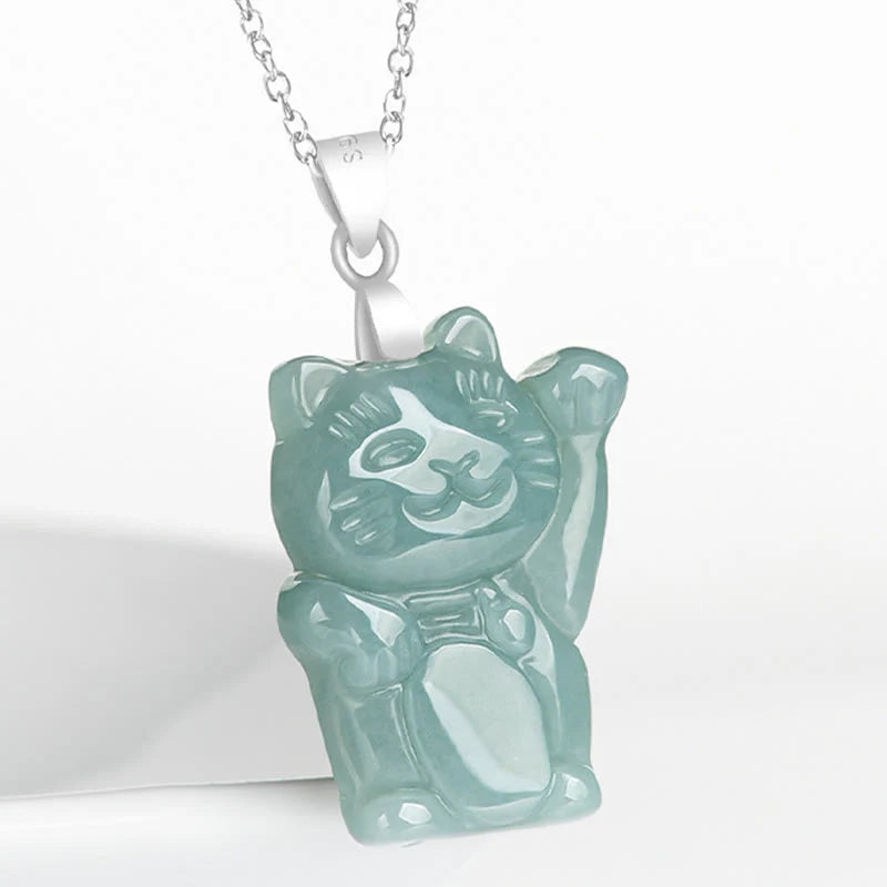Buddha Stones Natural Jade Lucky Cat Abundance Titanium Steel Necklace Pendant