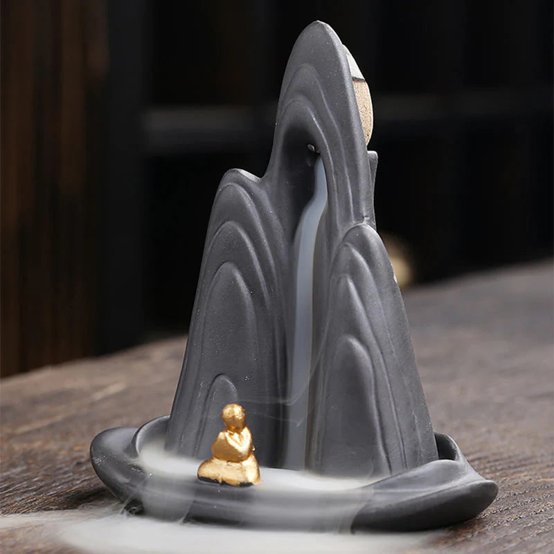 Buddha Stones Little Monk Mountains Flowing Water Purple Clay Ceramic Healing Backflow Incense Burner Decoration