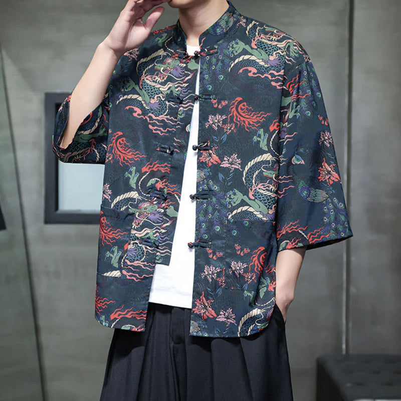 Buddha Stones Spring Frog-Button Dragon Mountain Flower Three Quarter Sleeve Tang Suit Men's Shirt With Pockets