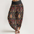 Buddha Stones Cotton Brightly Colored Retro Flowers Leaves Pattern Women's Elastic Waist Harem Pants