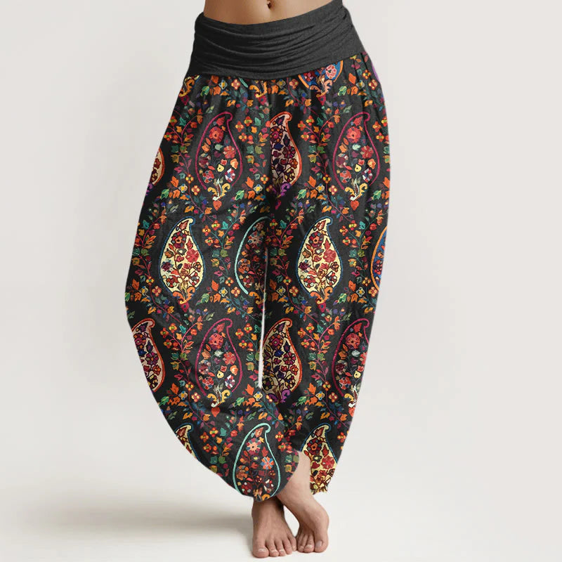 Buddha Stones Cotton Brightly Colored Retro Flowers Leaves Pattern Women's Elastic Waist Harem Pants