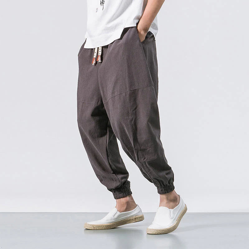 Buddha Stones Men's Plain Simple Drawstring Design Cotton Harem Pants With Pockets