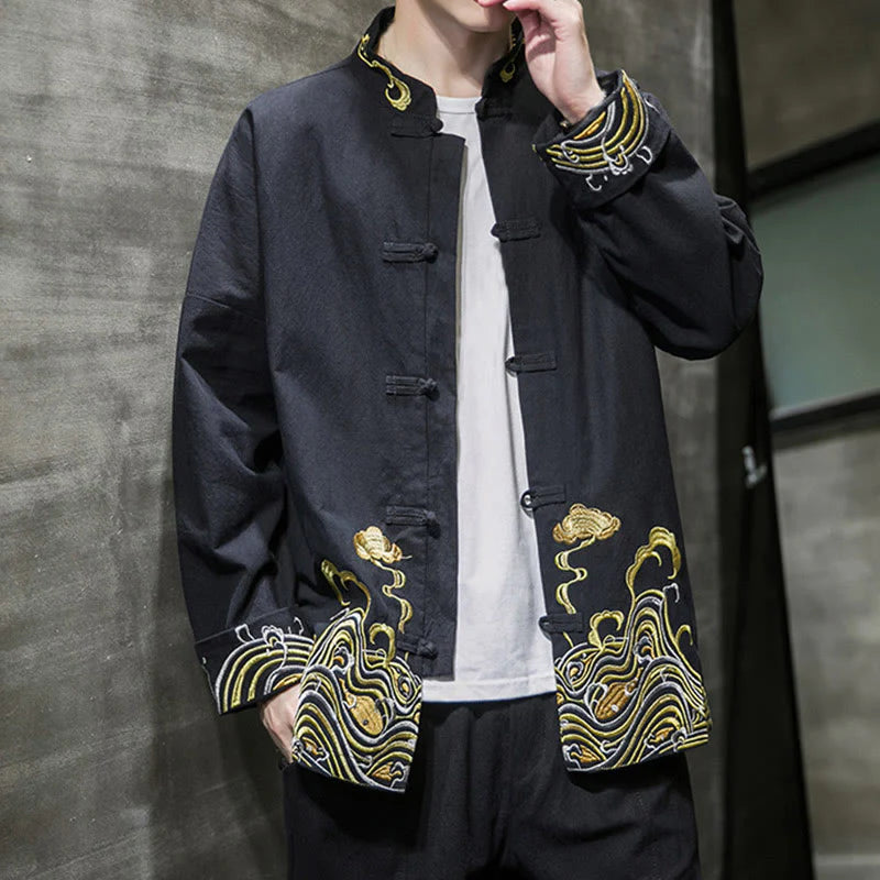 Buddha Stones Embroidered Clouds Frog-Button Long Sleeve Men's Cotton Tang Suit Jacket