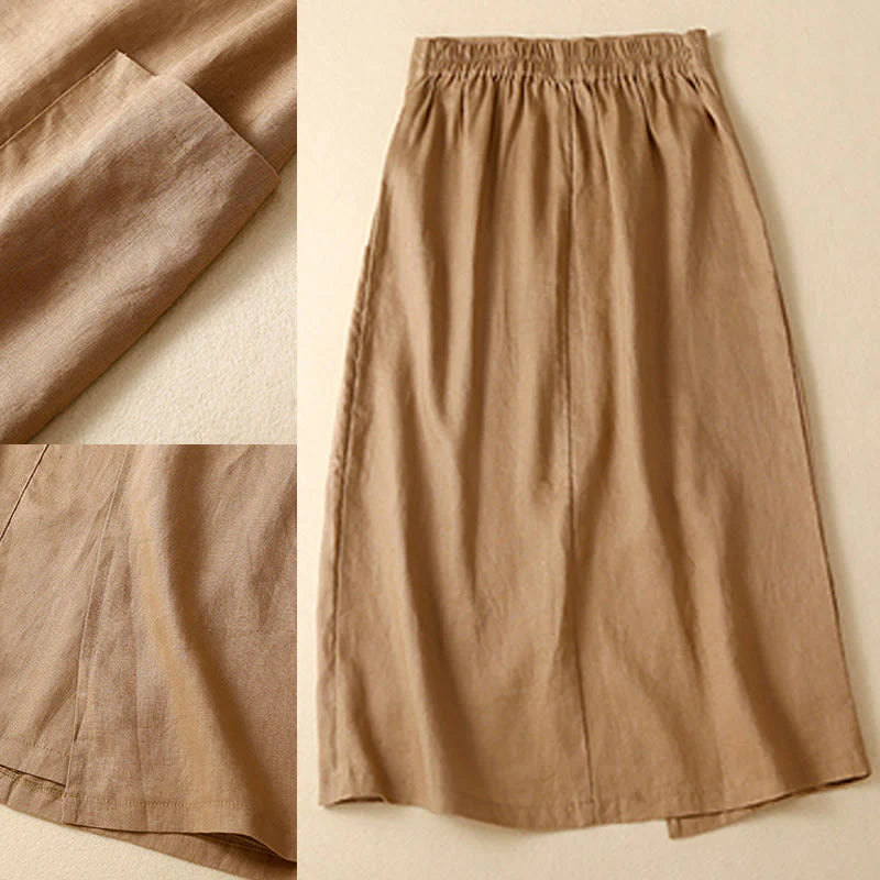 Buddha Stones Vintage Summer Asymmetrical High Waist Women's Cotton Linen Skirt With Pockets