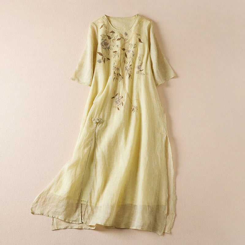 Buddha Stones Embroidered Leaf Crew Neck Half Sleeve Fiber Midi Dress