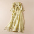 Buddha Stones Embroidered Leaf Crew Neck Half Sleeve Fiber Midi Dress