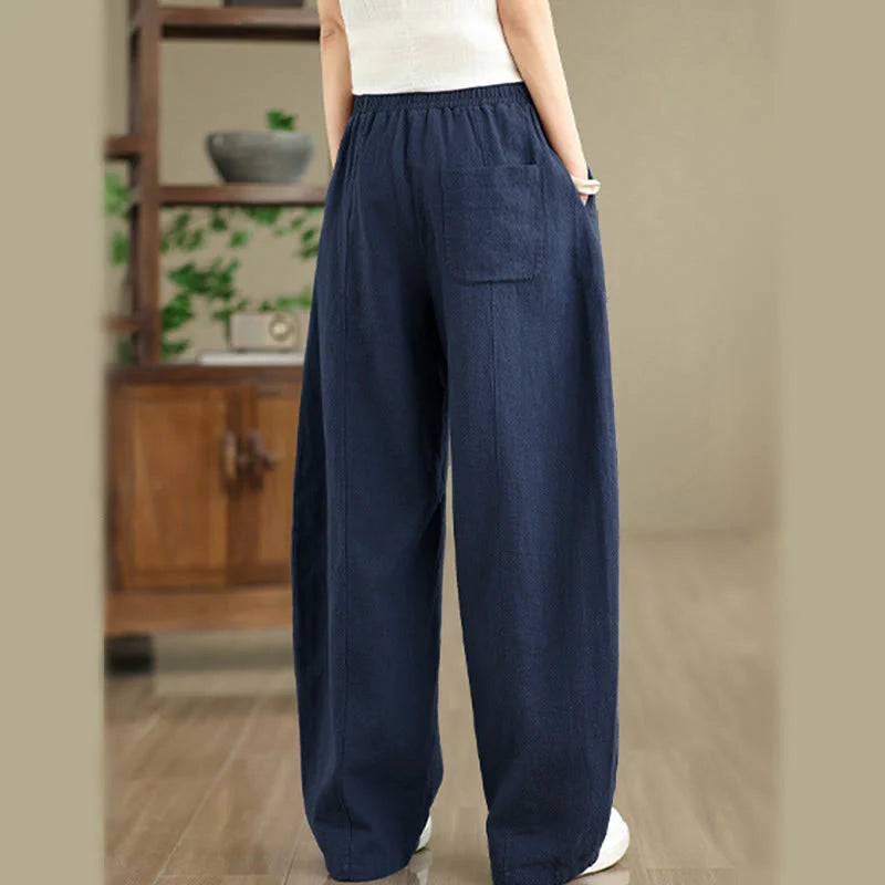 Buddha Stones Solid Color Cotton Linen Women's Straight Leg Pants With Pockets