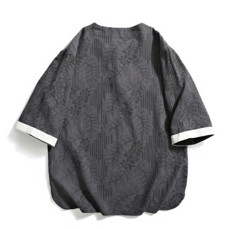 Buddha Stones Casual Retro Jacquard Chinese Frog-Button Design Men's Crew Neck Half Sleeve Cotton Shirt