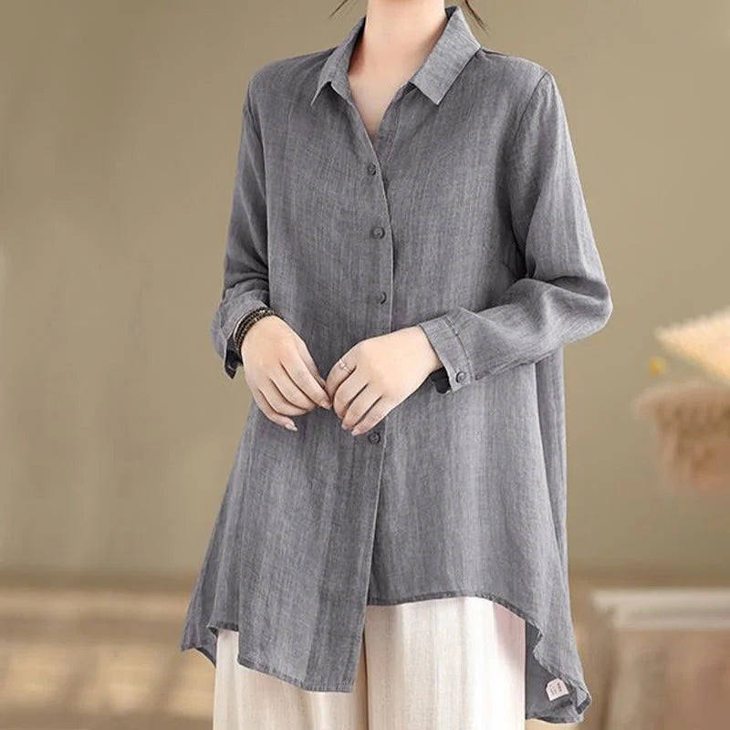 Buddha Stones Irregular Design Buttons Long Sleeve Women's Cotton Shirt