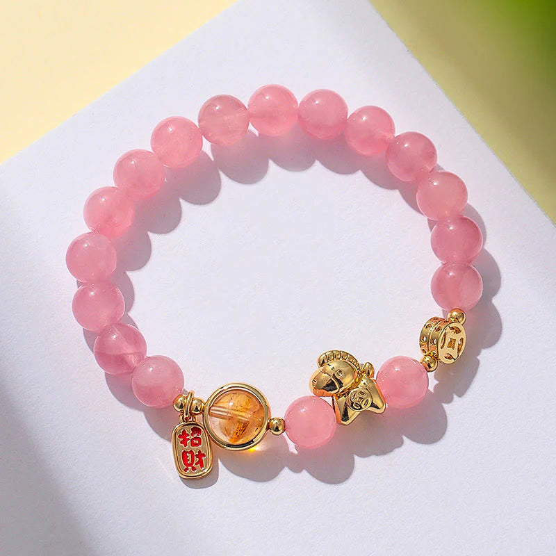 Buddha Stones Year Of The Horse Natural 8mm Black Obsidian Red Agate Pink Crystal Strength Bracelet
