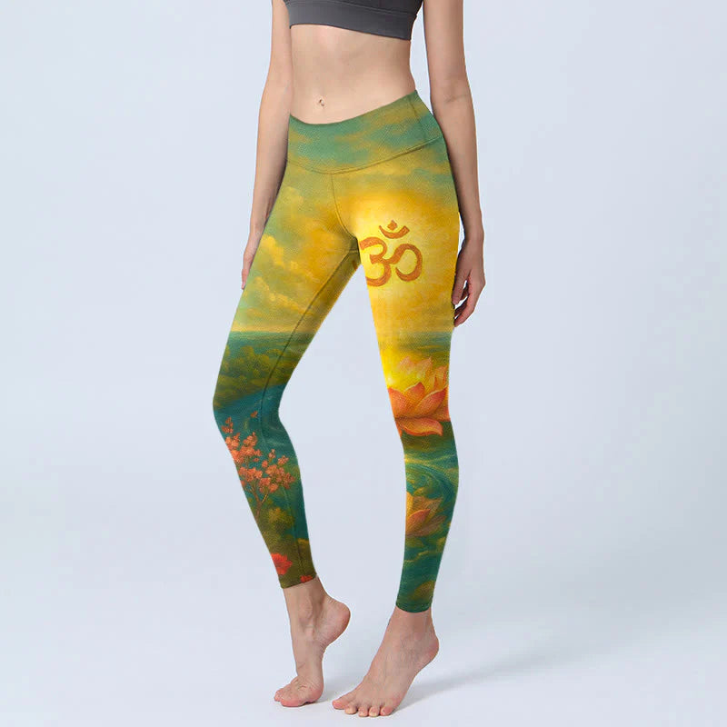 Buddha Stones Symmetrical Om Symbol Lotus Flower Small Flower Tree Cloud Pattern Print Gym Leggings Women's Yoga Pants