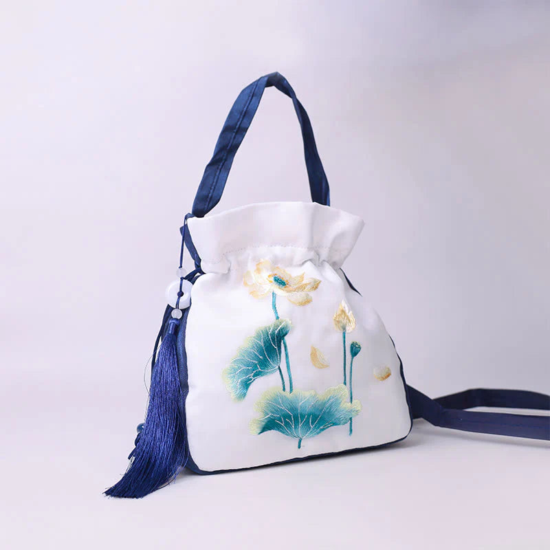 Buddha Stones Suzhou Embroidery Rabbit Lotus Epiphyllum Peony Magnolia Silk Tote Crossbody Bag Shoulder Bag Handbag