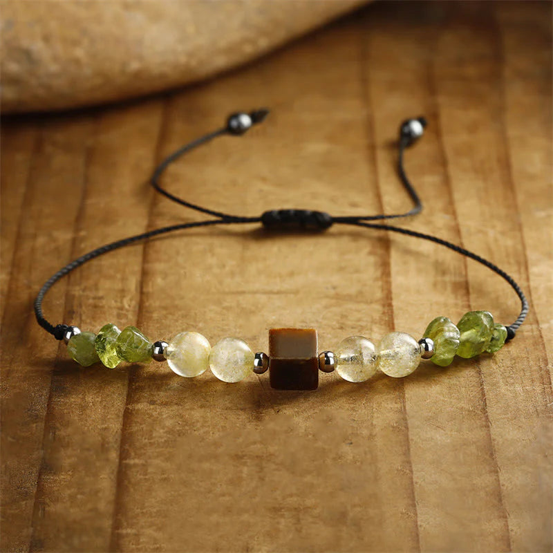 Buddha Stones Find Your Joy Peridot Citrine Tiger Eye Peace Rope Bracelet