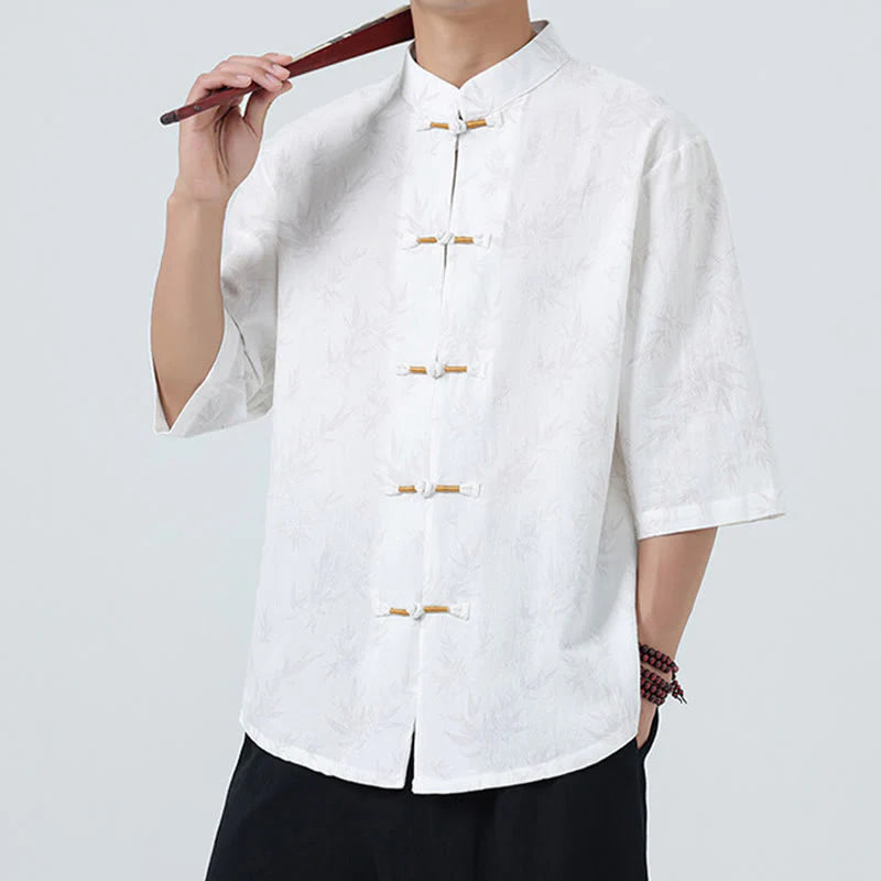 Buddha Stones Summer Bamboo Leaves Pattern Chinese Frog-Button Cotton Linen Short Sleeve Men's Shirt