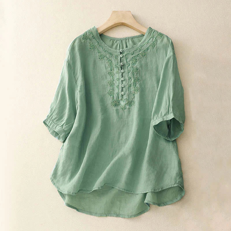 Buddha Stones Casual Women's Plain Frog Buckle Design Half Sleeve Shirt