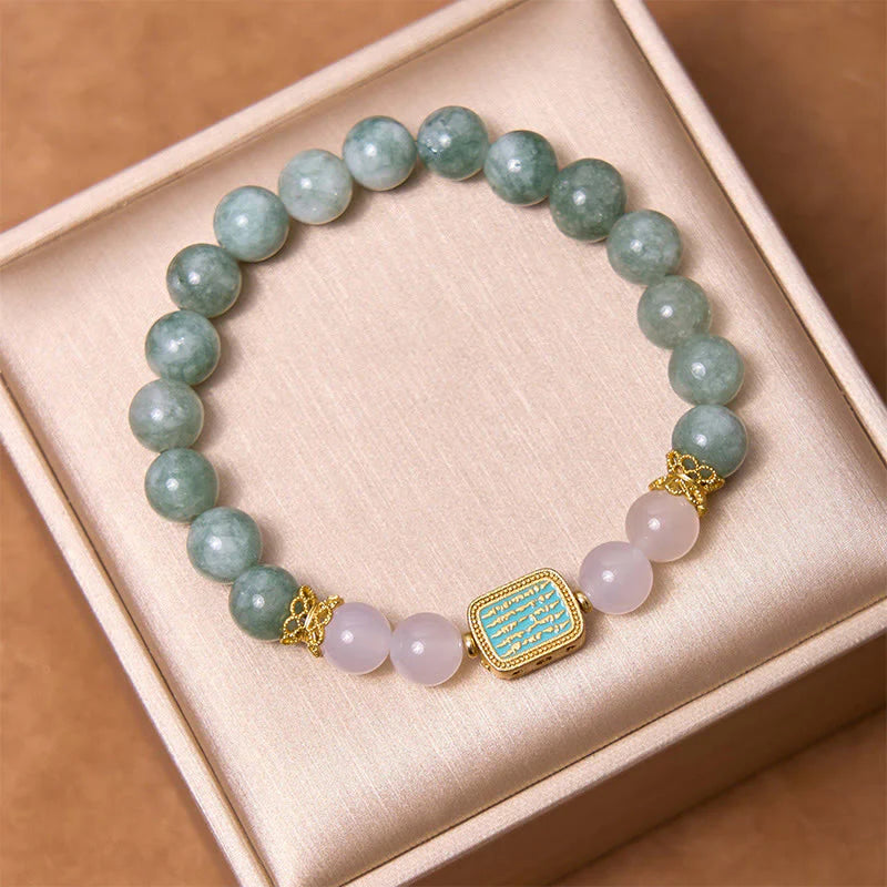 Buddha Stones Natural Green Jade White Agate Five Scriptures Abundance Bracelet