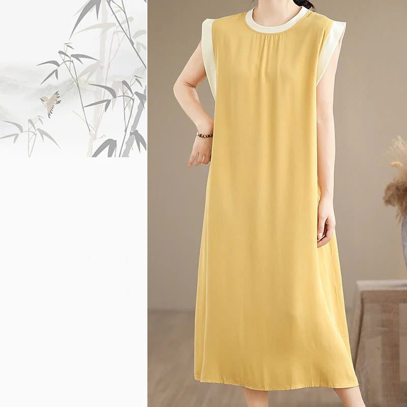 Buddha Stones Pure Color Slit Design Sleeveless Cotton Midi Dress With Pockets