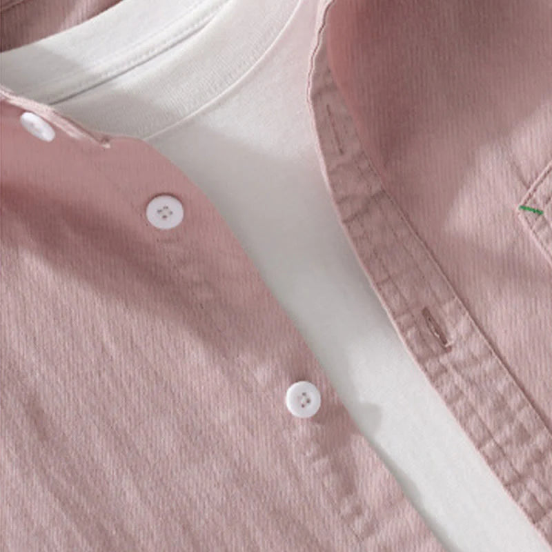 Buddha Stones Solid Buttons Down Decorative Pocket Men's Stand Collar Long Sleeve Cotton Shirt