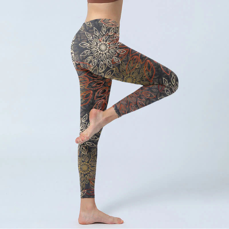 Buddha Stones Symmetrical Retro Flower Pattern Print Gym Leggings Women's Yoga Pants