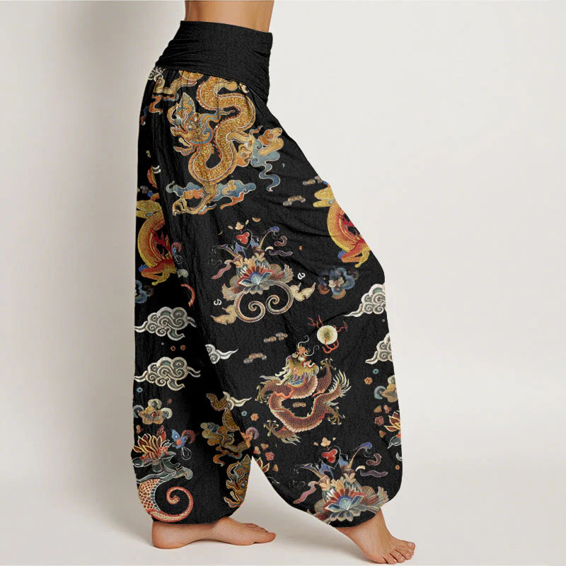 Buddha Stones Cotton Golden Dragons Auspicious Clouds Design Women's Elastic Waist Harem Pants