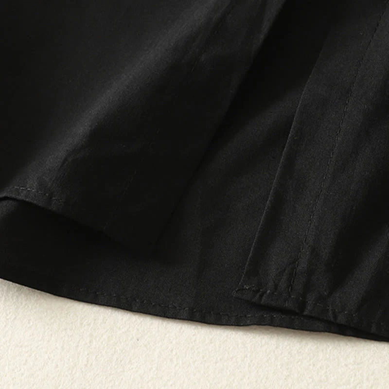 Buddha Stones Fall Solid Color Lapel Buttons Long Sleeve Cotton Midi Dress With Pockets