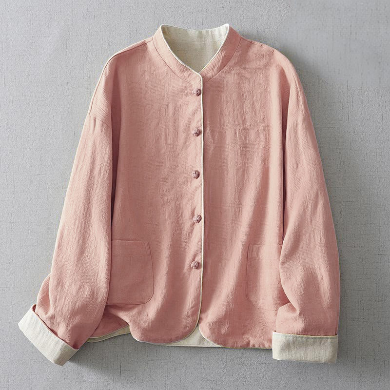 Buddha Stones Women's Plain Jacquard Stand Collar Long Sleeve Cotton Linen Jacket With Pockets
