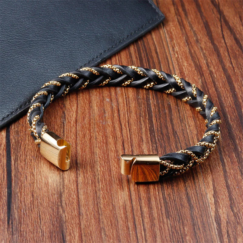 Buddha Stones Simple Design Titanium Steel Calm Braided Leather Buckle Bracelet
