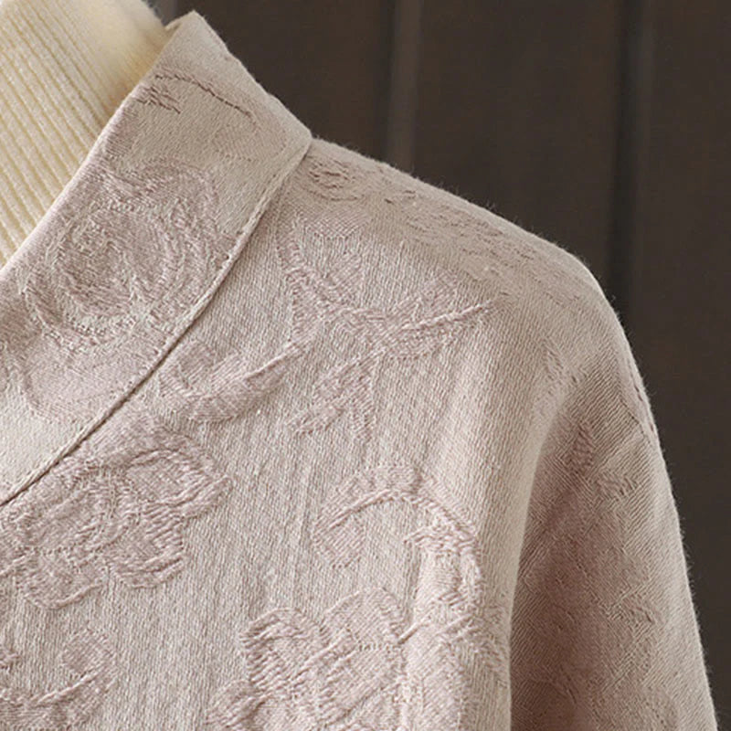Buddha Stones Casual Women's Flower Pattern Long Sleeve Stand Collar Cotton Shirt