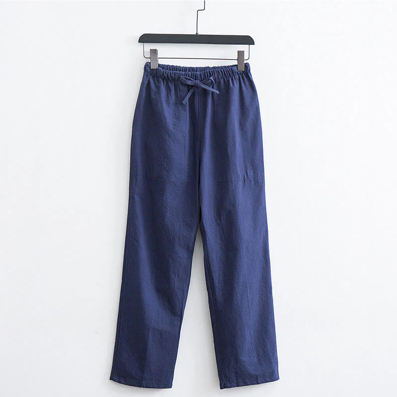 Buddha Stones Men's Solid Color Cotton Linen Casual Drawstring Pants With Pockets
