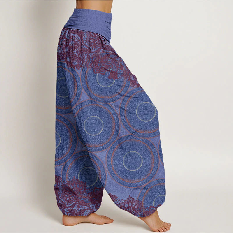 Buddha Stones Cotton Casual Flowers Compass Design Women's Elastic Waist Harem Pants