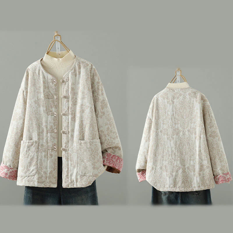 Buddha Stones Women's Peony Flowers Frog-Button Design Long Sleeve Thermal Jacket With Pockets