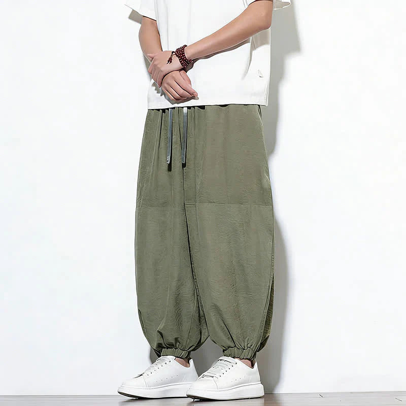 Buddha Stones Spring Solid Color Drawstring Cropped Men's Harem Cotton Pants With Pockets