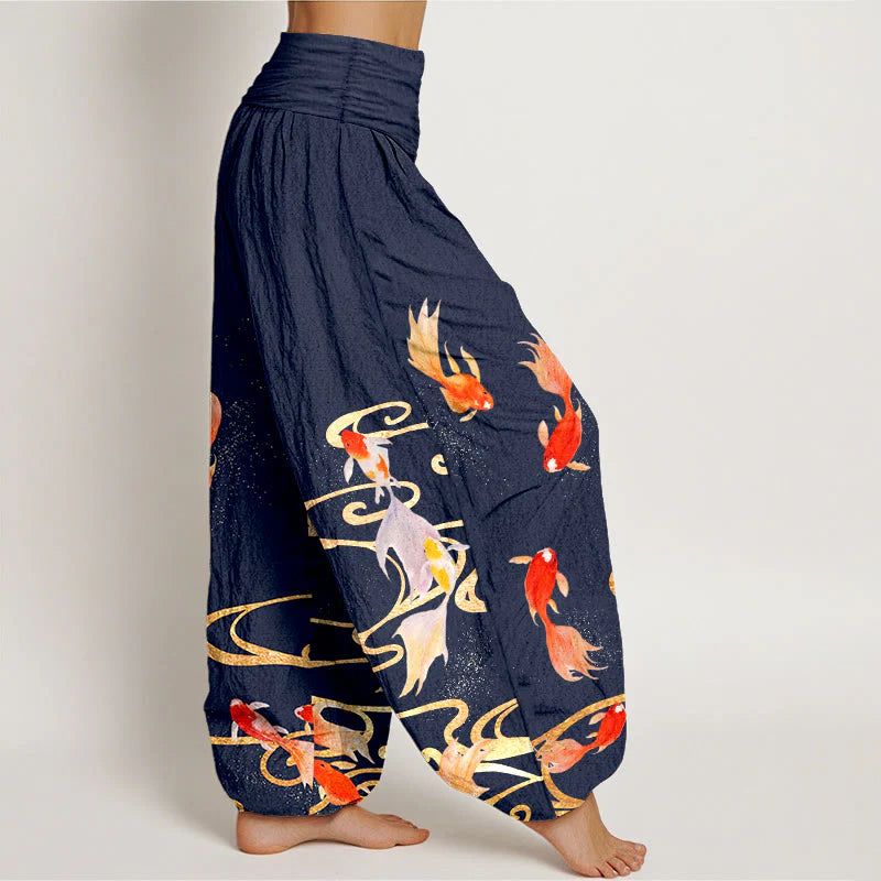 Buddha Stones Pure Cotton Koi Fish Koi Water Ripples Pattern Women's Elastic Waist Harem Pants
