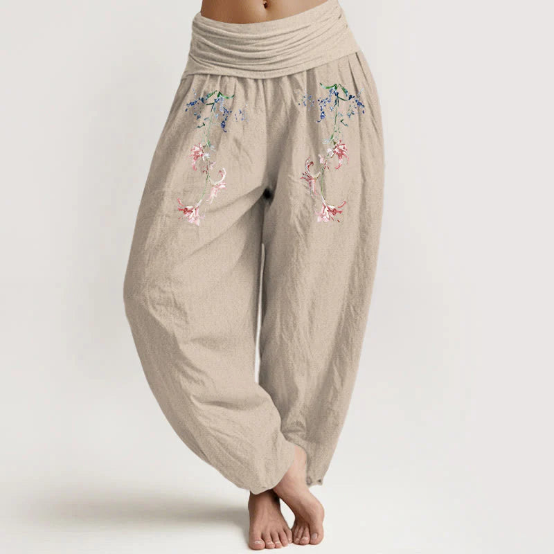 Buddha Stones Pure Cotton Simple Pastel Flower Pattern Women's Elastic Waist Harem Pants