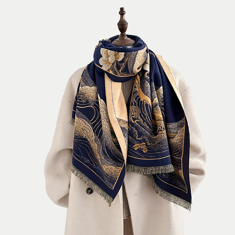 Buddha Stones Fall Lotus Flowers Ocean Waves Pattern Soft Scarf Tassel Shawl