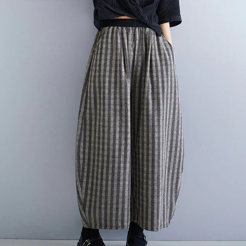 Buddha Stones Casual 7-8 Length Corduroy Stripes Women's Polyester Wide Leg Pants With Pockets