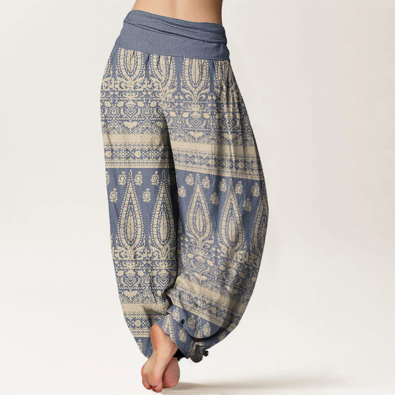 Buddha Stones Pure Cotton Casual Feather Stripes Design Women's Elastic Waist Harem Pants