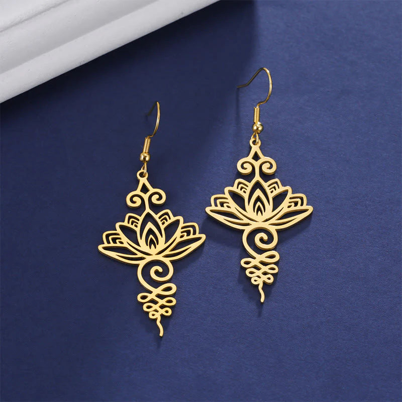 Buddha Stones Hollow Lotus Flower Stainless Steel Enlightenment Metal Drop Earrings
