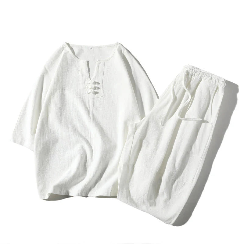 Buddha Stones 2Pcs Plain Notched Collar T-Shirt 7-8 Length Wide Leg Shorts With Pockets Cotton Linen Men's Meditation Cloth Set