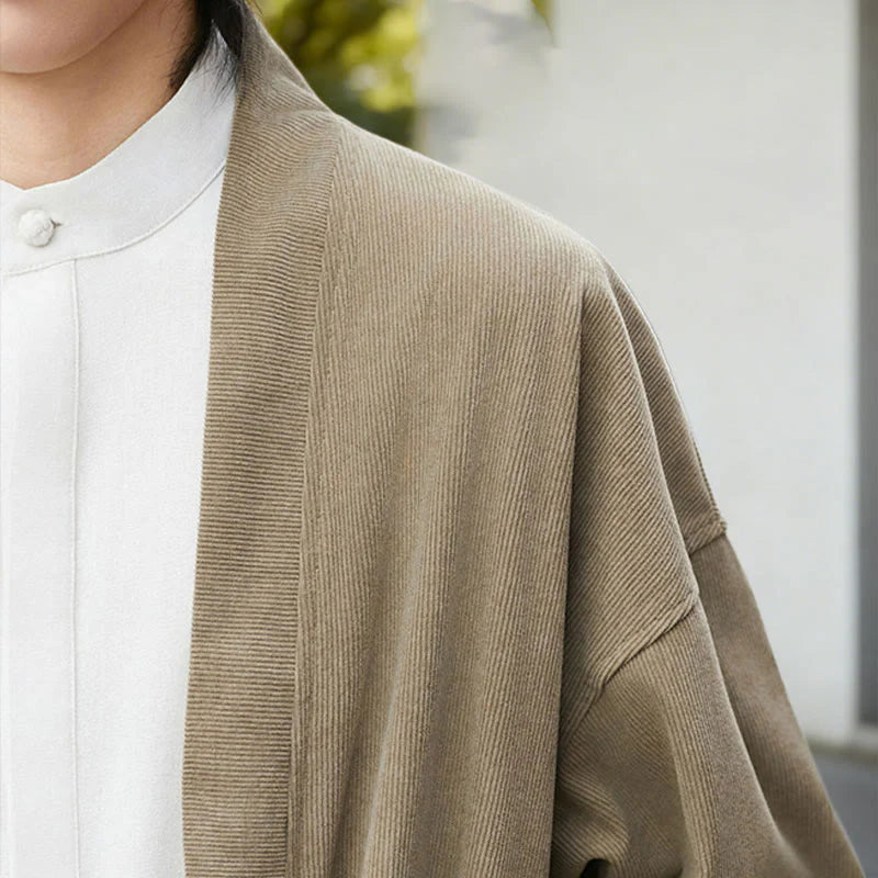 Buddha Stones Solid Color Open Front Long Sleeve Corduroy Jacket Men's Kimono Cotton Linen Shirt