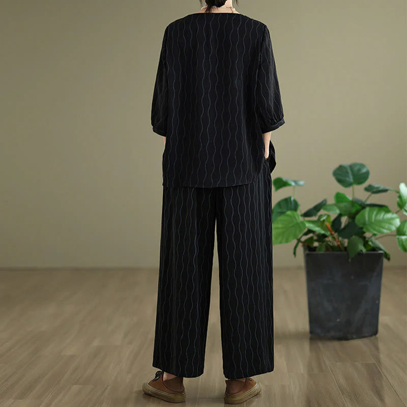 Buddha Stones 2pcs Striped Pattern Short Sleeve Shirt Polyester 7 Length Harem Pants Set With Pocket