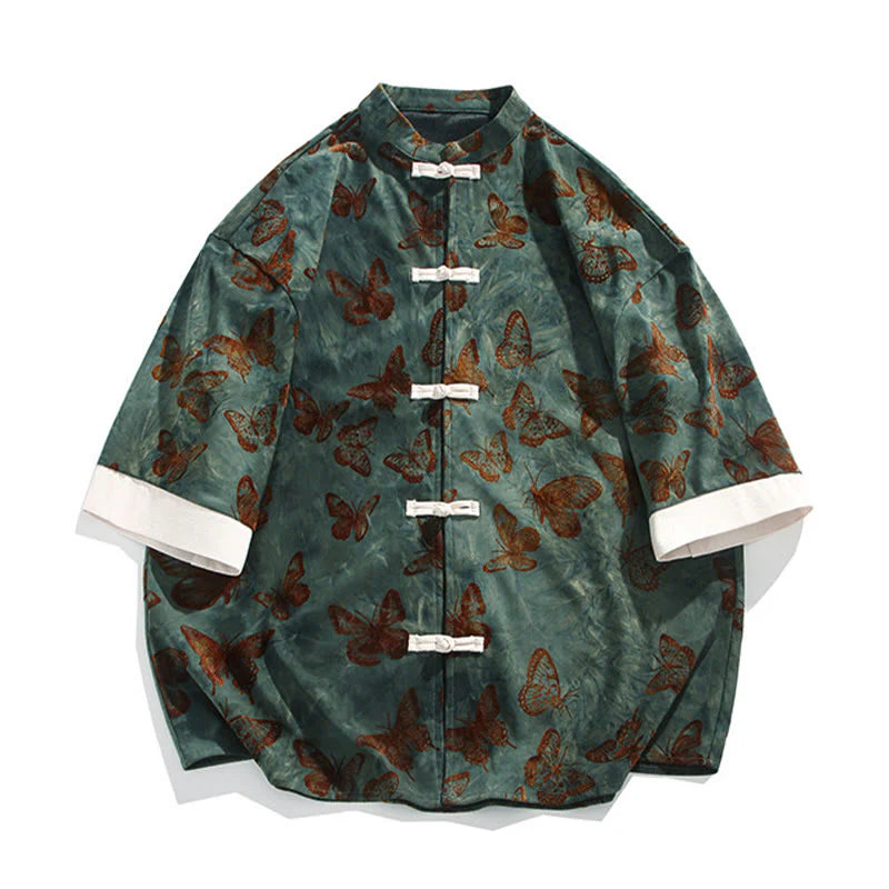 Buddha Stones Jacquard Butterfly Pattern White Frog-Button Design Stand Collar Men's Three Quarter Sleeve Cotton Shirt Cardigan