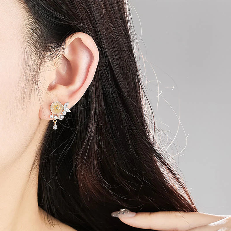 Buddha Stones White Rose Flower Zircon Copper Luck Clip-on Stud Earrings