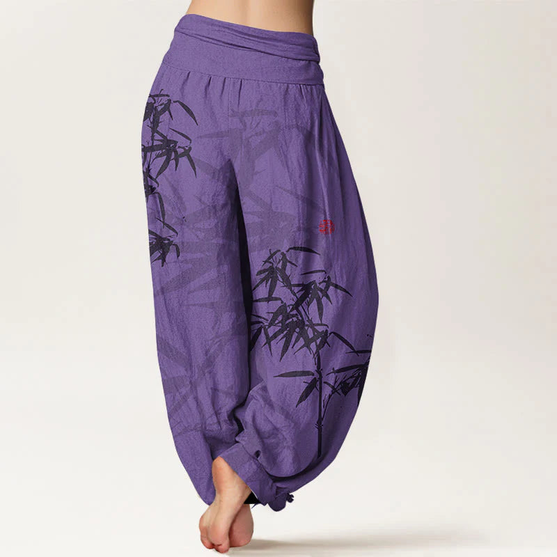Buddha Stones Print Pure Cotton Bamboo Leaves Pattern Women's Elastic Waist Harem Pants