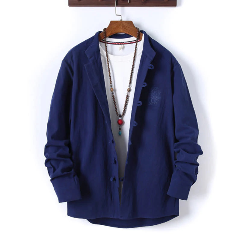 Buddha Stones 2Pcs Solid Color Men's Frog-Button Long Sleeve Cotton Shirt Pants Set With Pockets