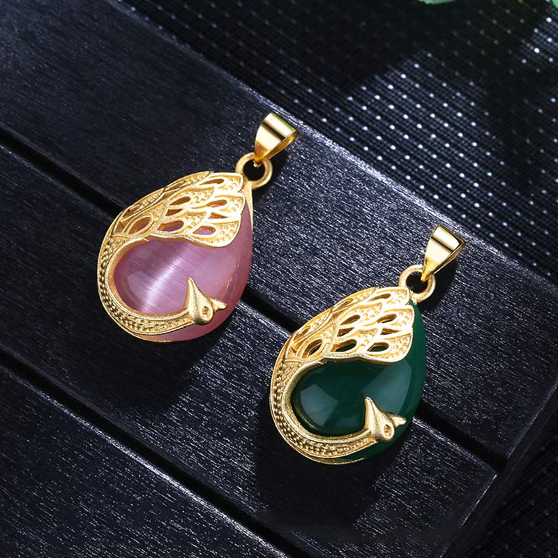 Buddha Stones Pink Crystal Green Chalcedony Peacock Copper Soothing Love Necklace Pendant