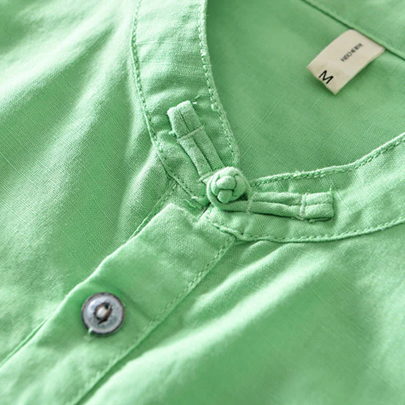 Buddha Stones Solid Color Half Button Design Stand Collar Men's Short Sleeve Cotton Linen Shirt