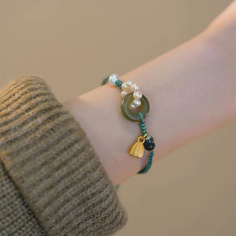 Buddha Stones Natural Hetian Jade Peace Buckle Pearl Luck Handcrafted Braided Bracelet