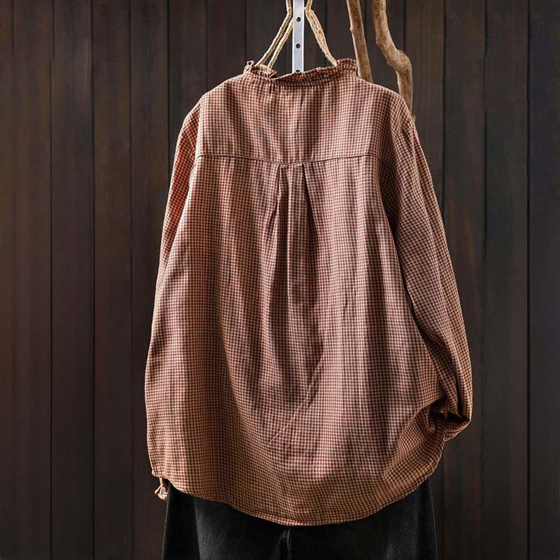 Buddha Stones Fall Tiny Plaid Button Down Ruffle Collar Long Sleeve Women's Cotton Shirt