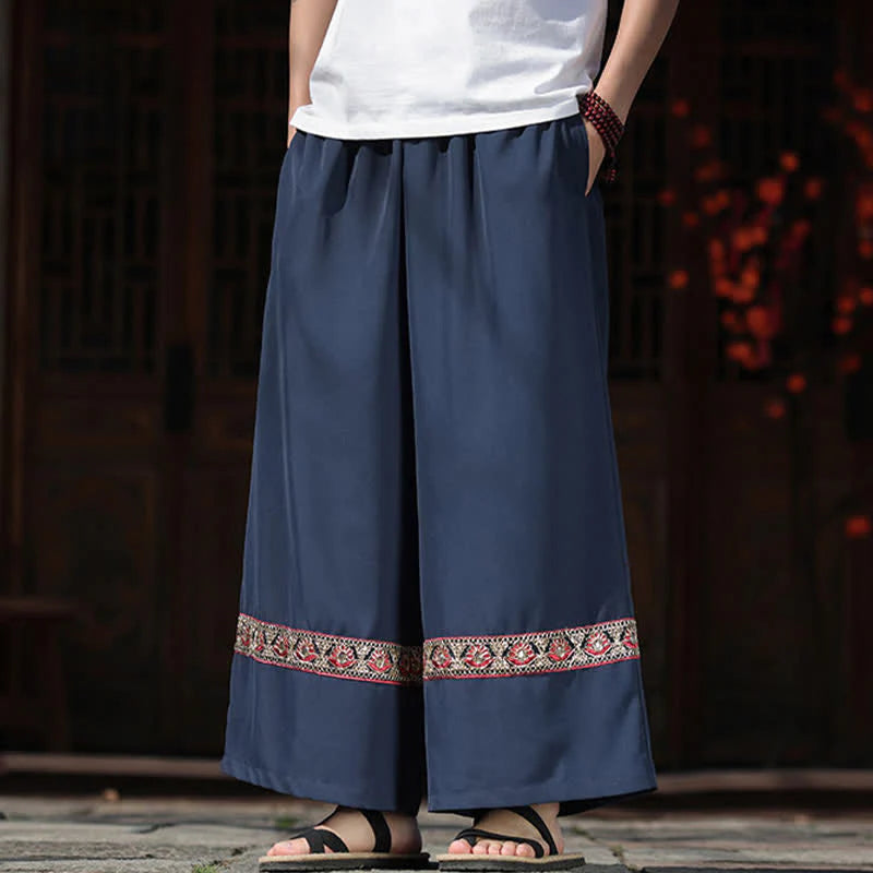 Buddha Stones Summer Cotton Embroidered Hem Elastic Waist Men's Cropped Wide Leg Pants With Pockets